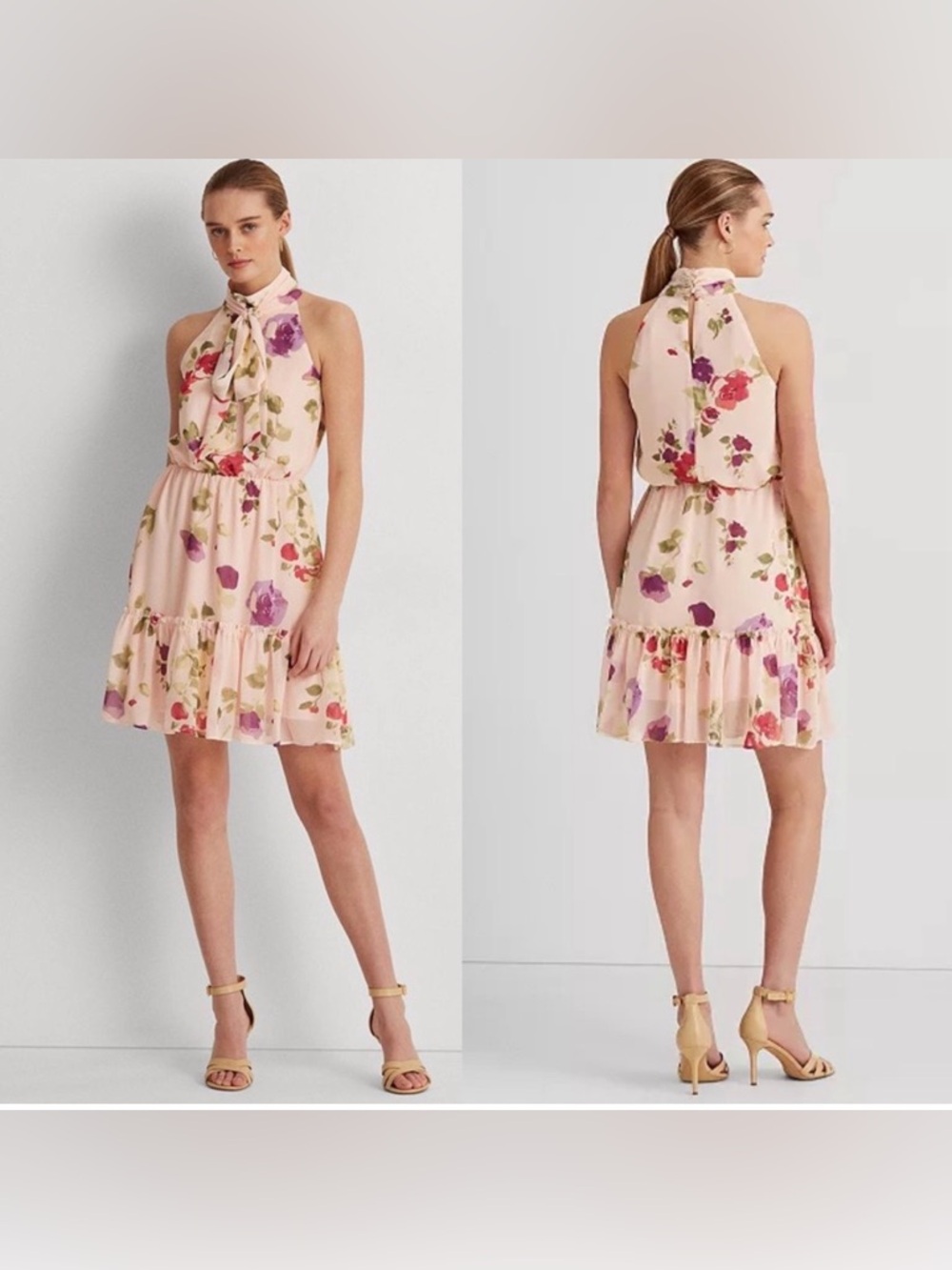 NWT LAUREN RALPH LAUREN halter dress PINK BLUSH chiffon floral size 8